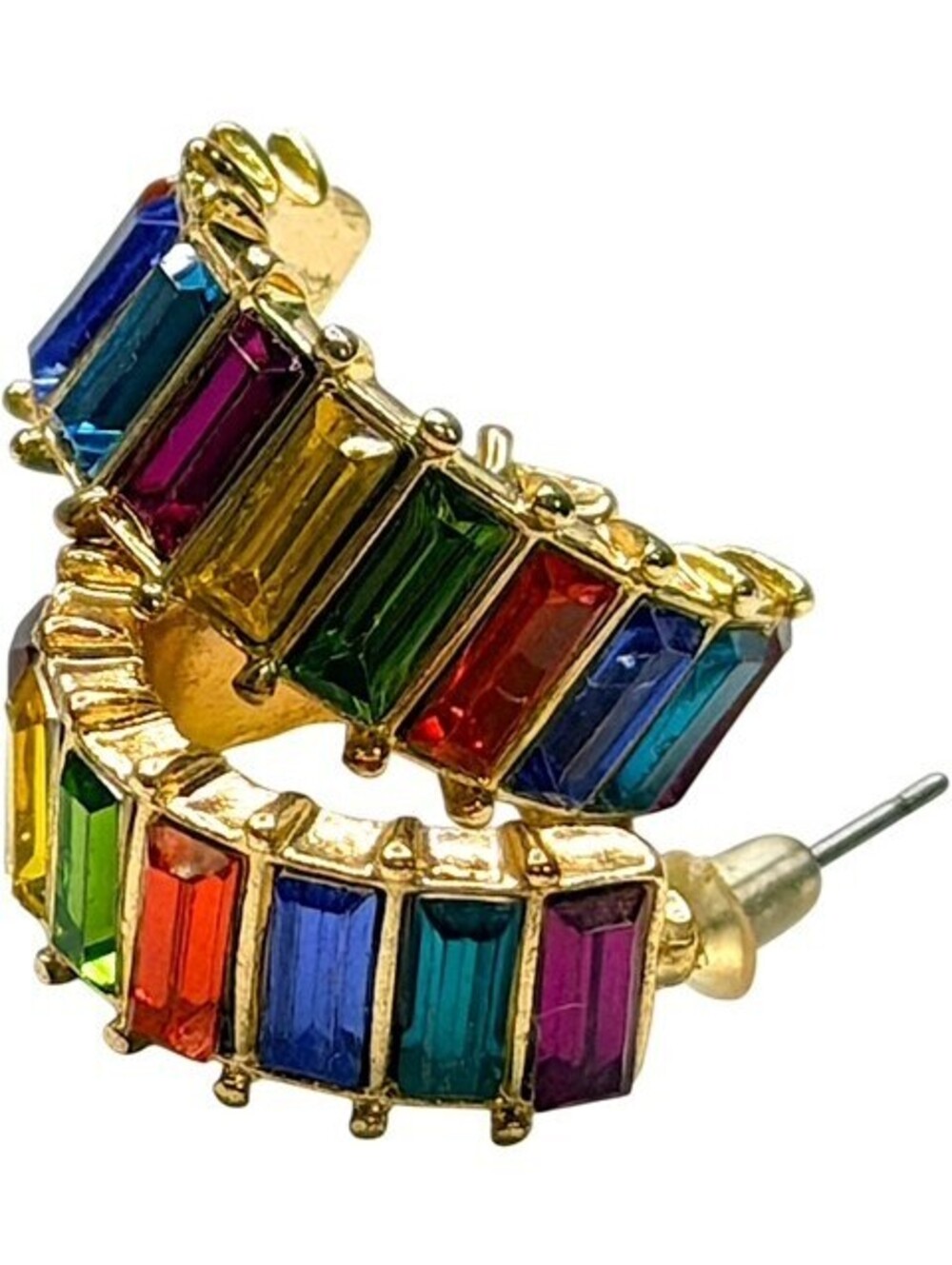 Rainbow Multicolor Baguette Rhinestone Gold Tone Hoop Earrings Statement Jewelry - Picture 2 of 8